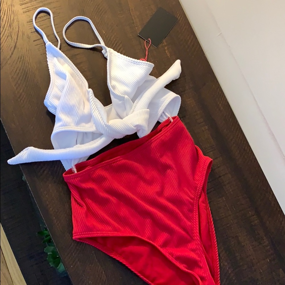 Red and White One-Piece Cut Out Swimsuit